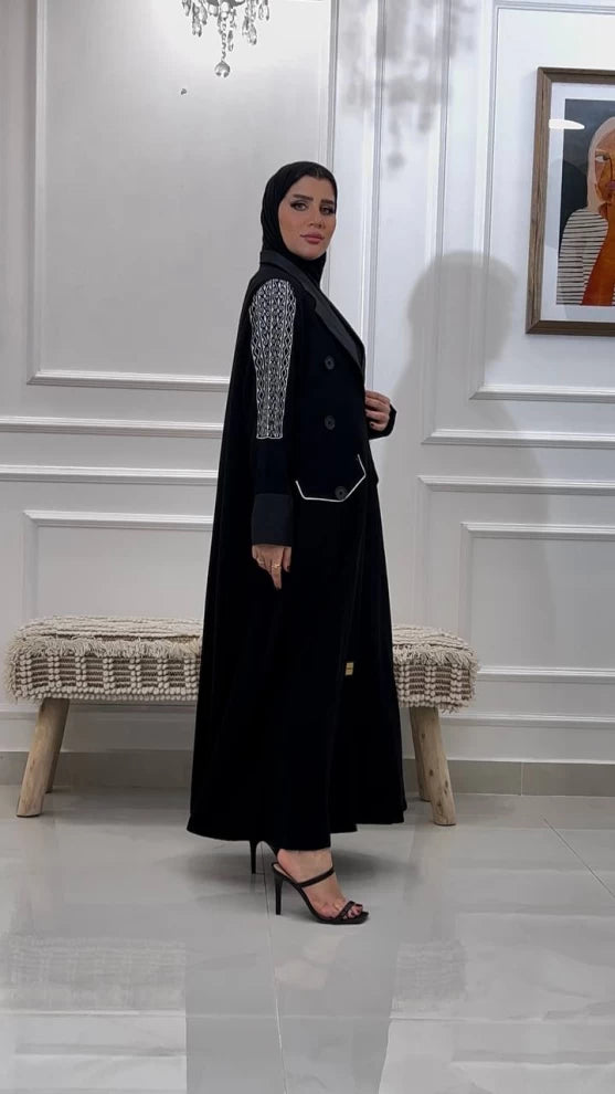 Black Crepe Blazer Abaya with Embroidery IB251