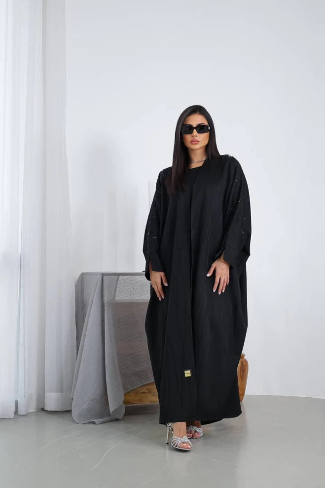 Silk Crepe Abaya with Hand Doubt IB160 Black (Free size)