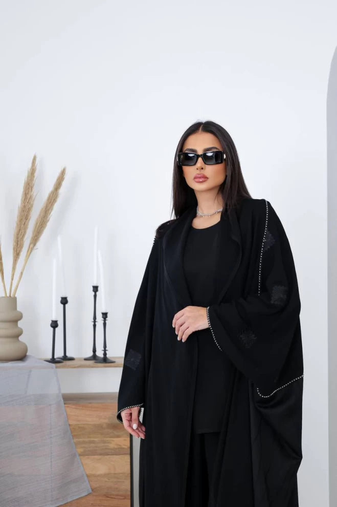 Bisht with Cuban crepe material with crystal silk in black IB272 (Free size)