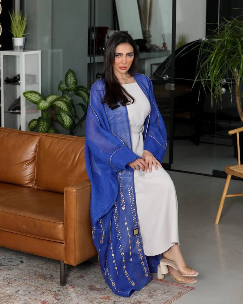 Blue linen abaya with hand embroidery IB137 Blue (Free size)