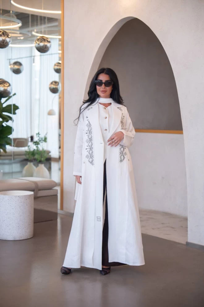 White linen and crepe blazer abaya with hand embroidery C:IB323 White