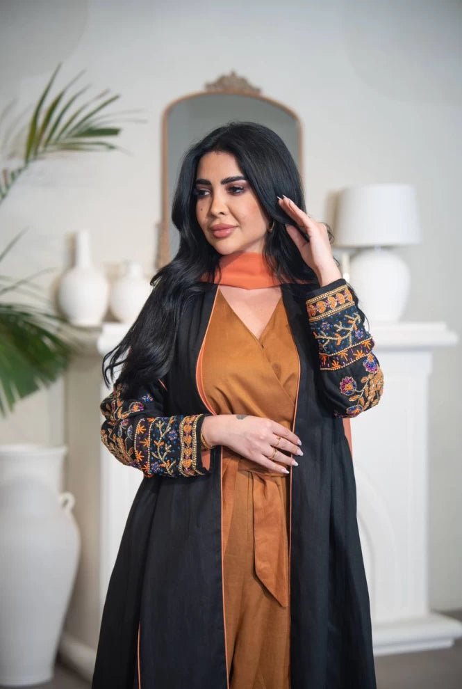 Black linen abaya with hand embroidery C:IB318