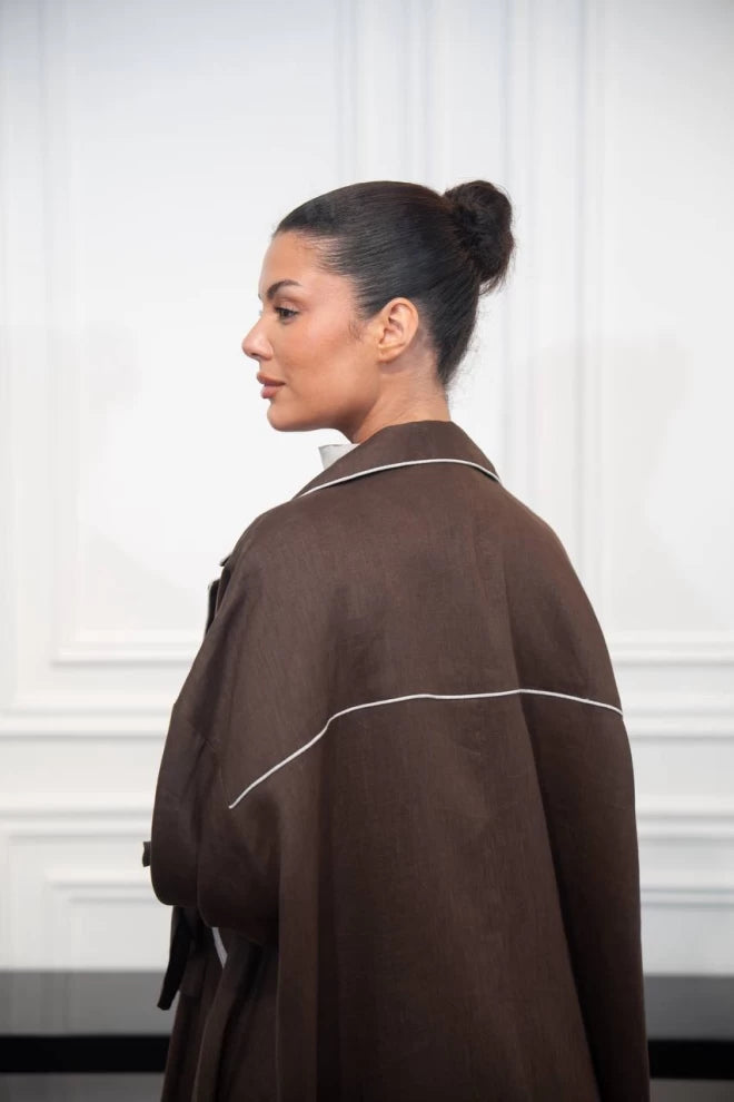 عباية بليزر من الكتان باللون البني C:IB327 بني (مقاس واحد) 