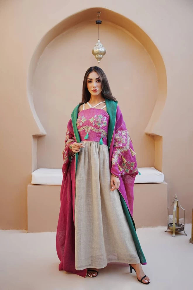 Pink burlap bisht with dress IB273 Pink