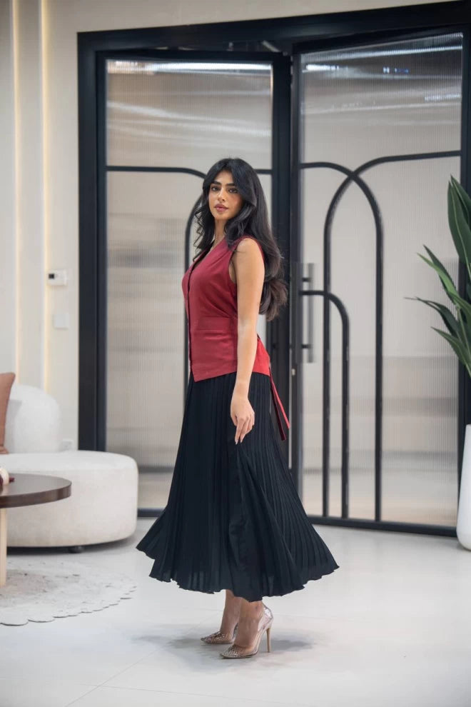 Linen dress with crepe C:IB1015 Red Black