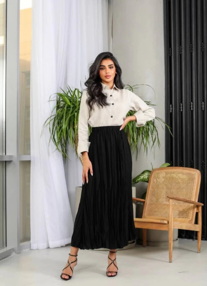 Cotton blouse and plissé skirt with raw linen IB1016 (S)