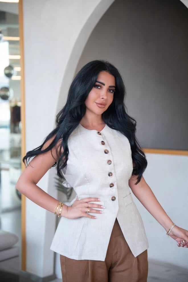 سترة بيج مع بنطلون كتان بني C:IB1089 بيج 