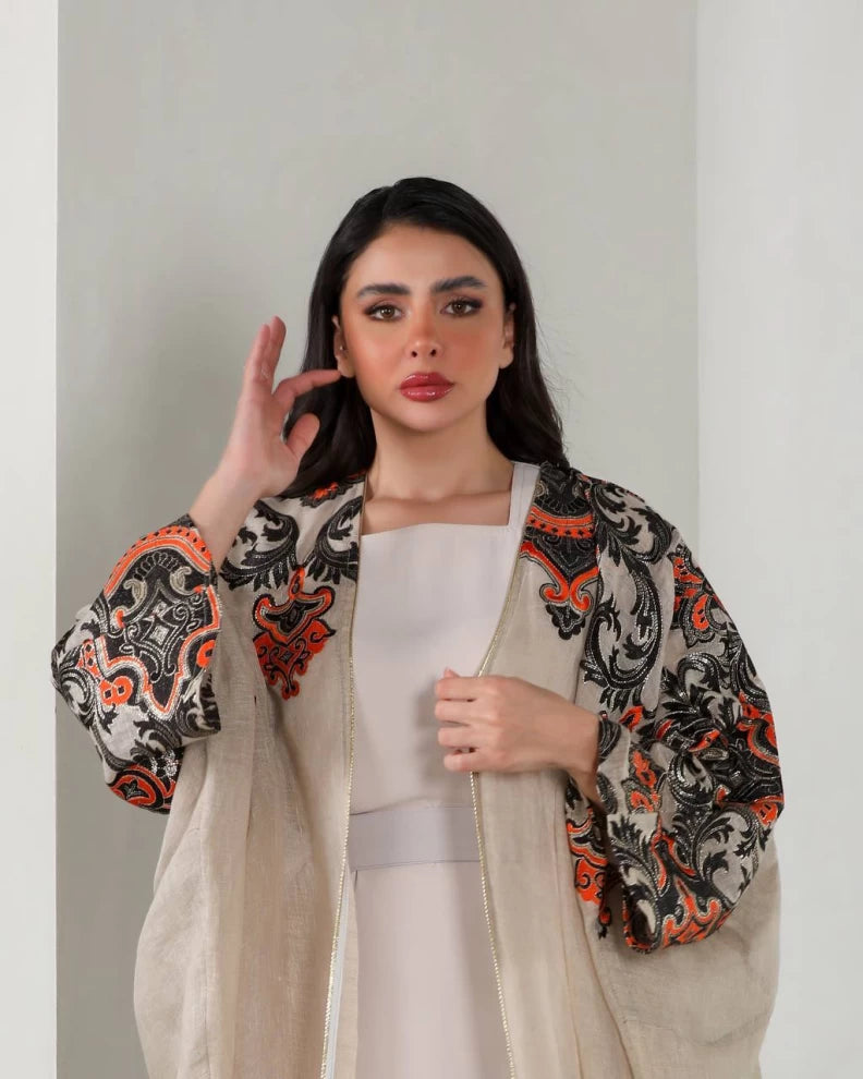 عبايه لينن بيج بتطريز IB143 Beage
