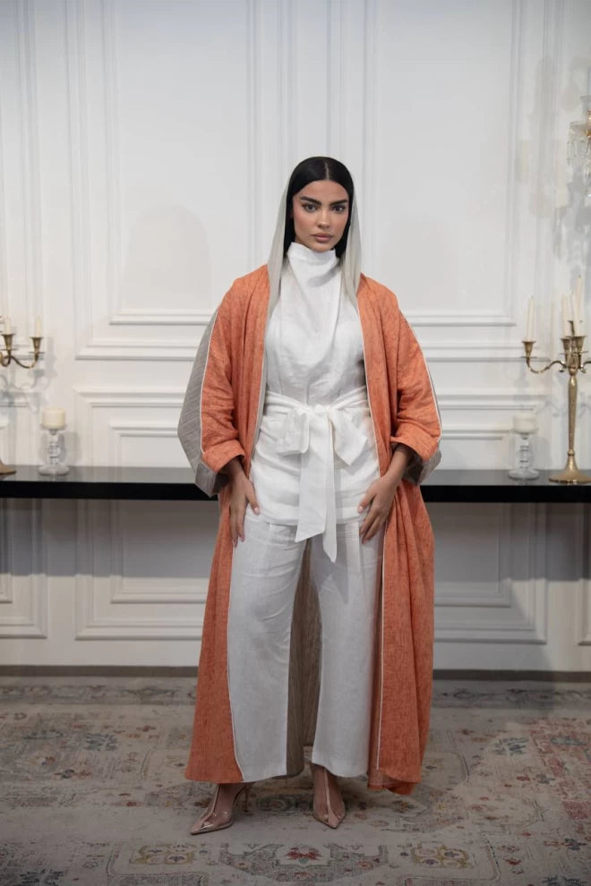 عباية كتان مخططة باللونين البرتقالي والبيج C:IB325 برتقالي (مقاس واحد) 