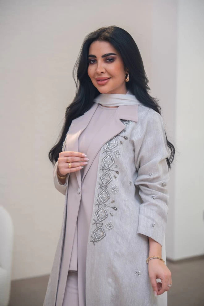 Beige linen and crepe blazer abaya with hand embroidery C:IB323 Beige