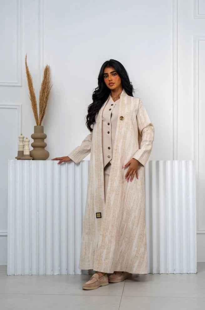 Linen Jacquard Abaya Beige IB236