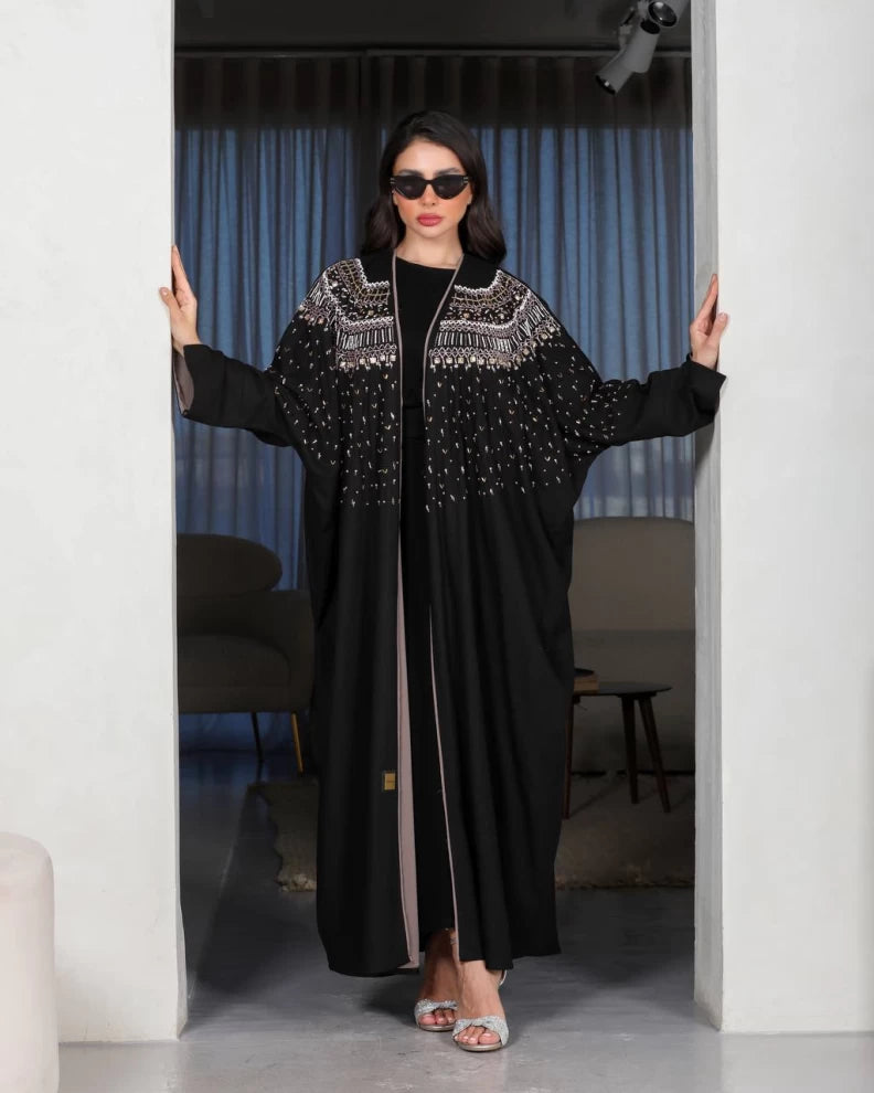 عباية كتان سوداء مع شك IB142أسود (مقاس واحد) 