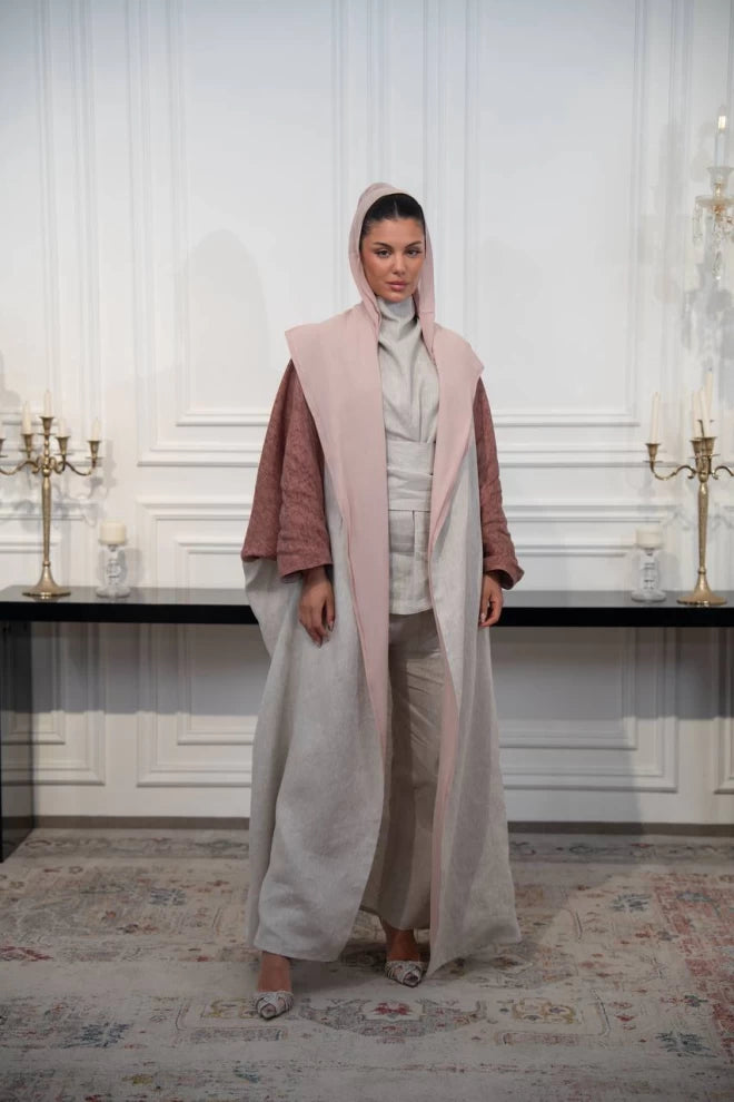 عباية كتان مقاس حر باللون البيج والبني C:IB326 (مقاس حر)