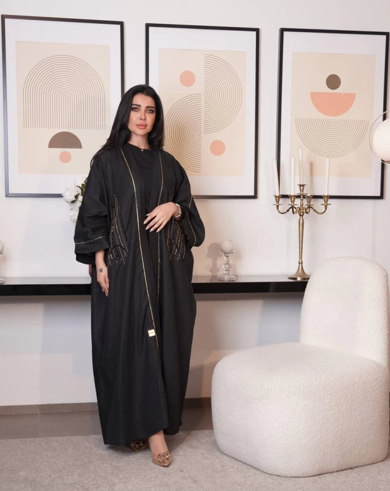 عبايه لينن اسود مع شك IB153 Black