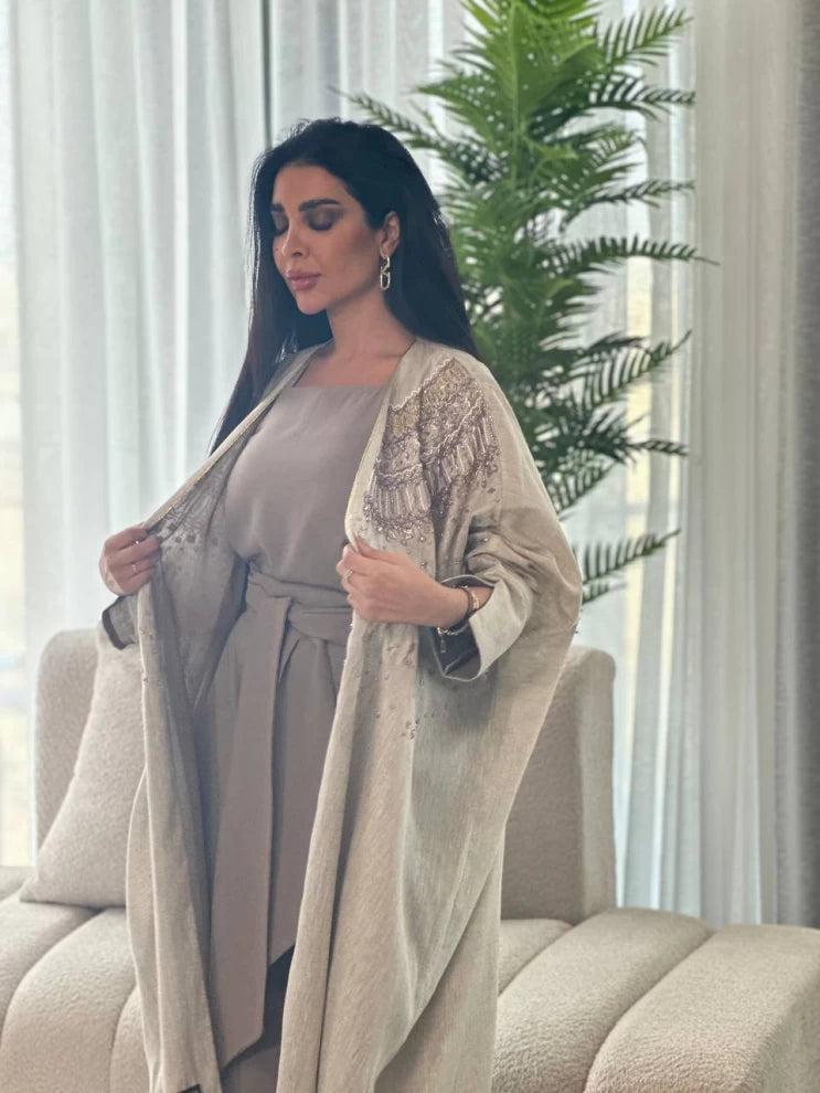 عبايه لينن بيج مع شك IB142 Beage