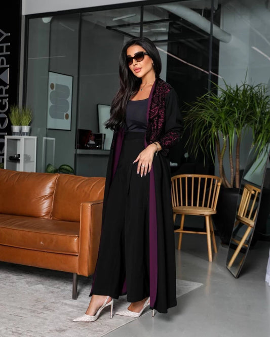 Crepe Abaya with embroidered velvet IB253 Burgaundy