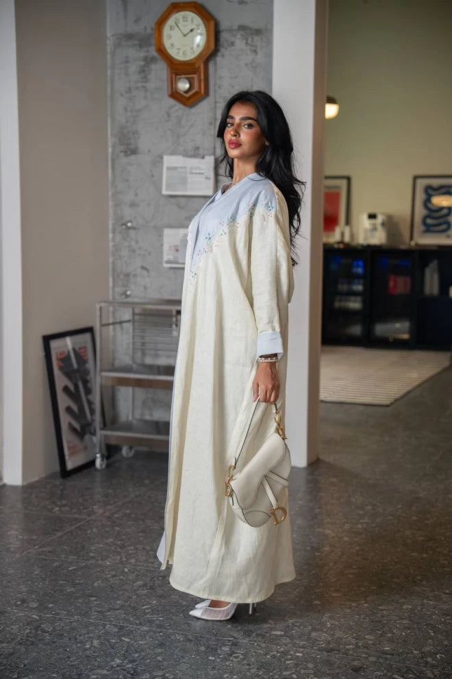 Lemon-colored abaya bisht made of natural linen with hand embroidery C:IB335 (Free size)