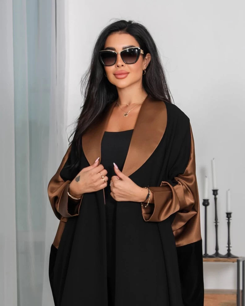 Crepe Abaya with embroidered velvet with brown silk crepe IB254 (Free size)