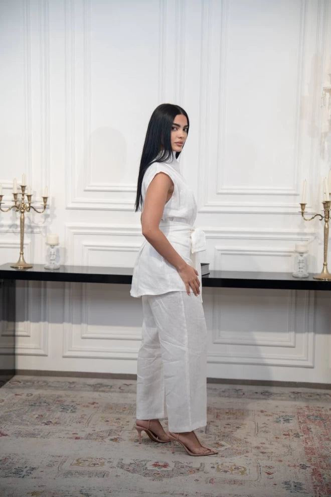 طقم كتان أبيض مكون من بلوزة وبنطلون C:IB1094 أبيض