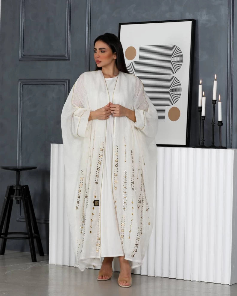 White linen abaya with hand embroidery IB137 white (Free size)