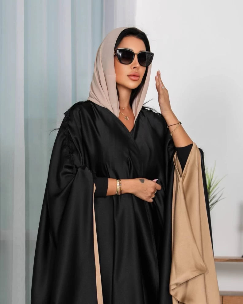 عباية من الكريب الحريري الأسود IB147 أسود (مقاس واحد) 