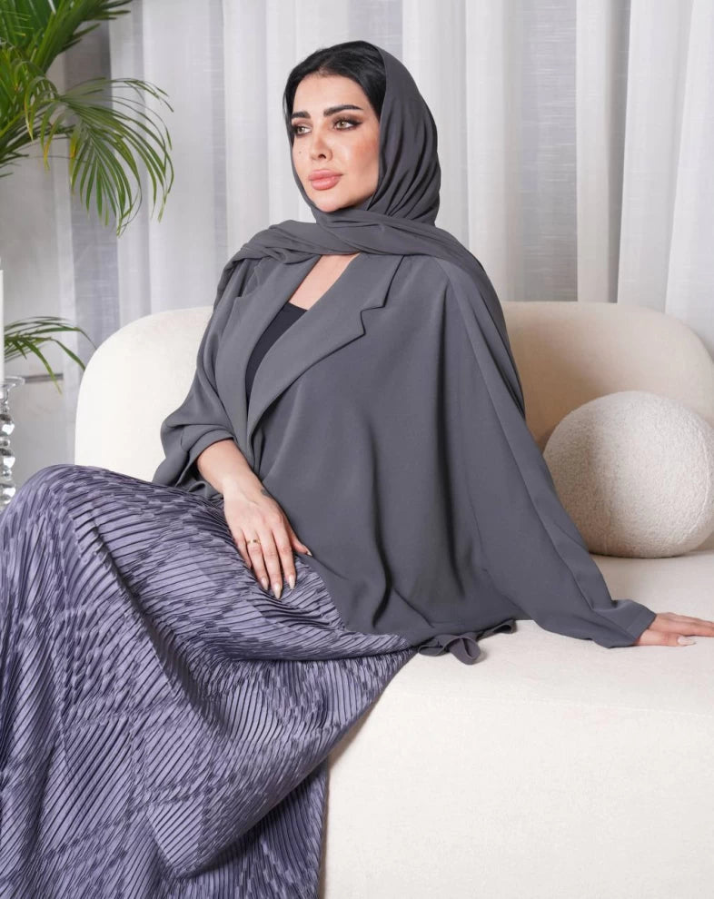 عباية من الكريب الكوبي مع كريب الحرير IB156 رمادي (مقاس واحد) 