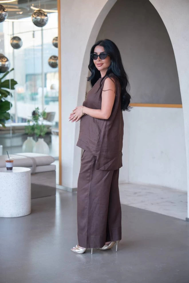 طقم بلوزة وبنطلون من الكتان البني C:IB1091 