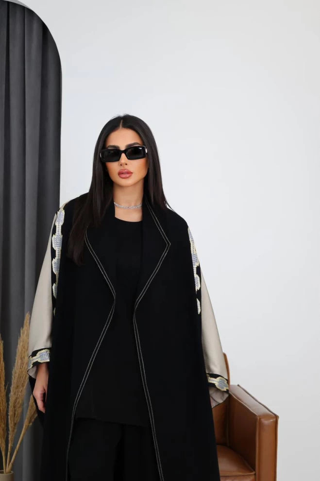 Cuba Crepe Abaya with Silk Crepe in Black and Beige IB158 Black (Free size)