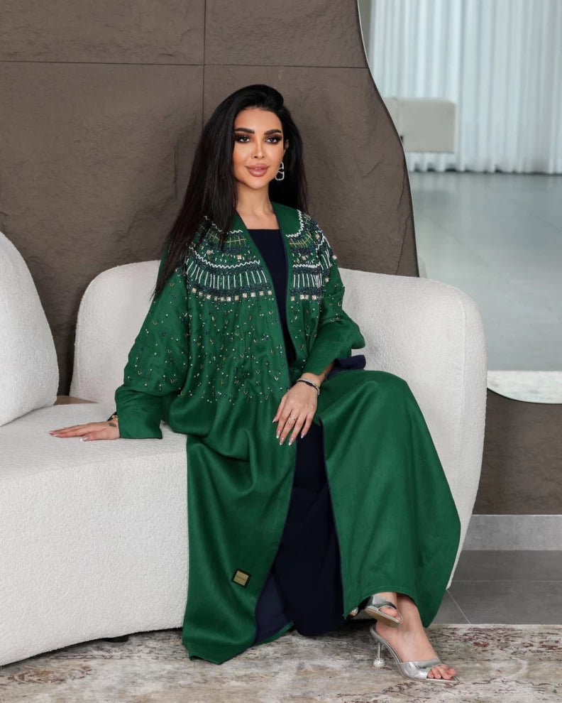عباية كتان خضراء IB142 (مقاس واحد) 