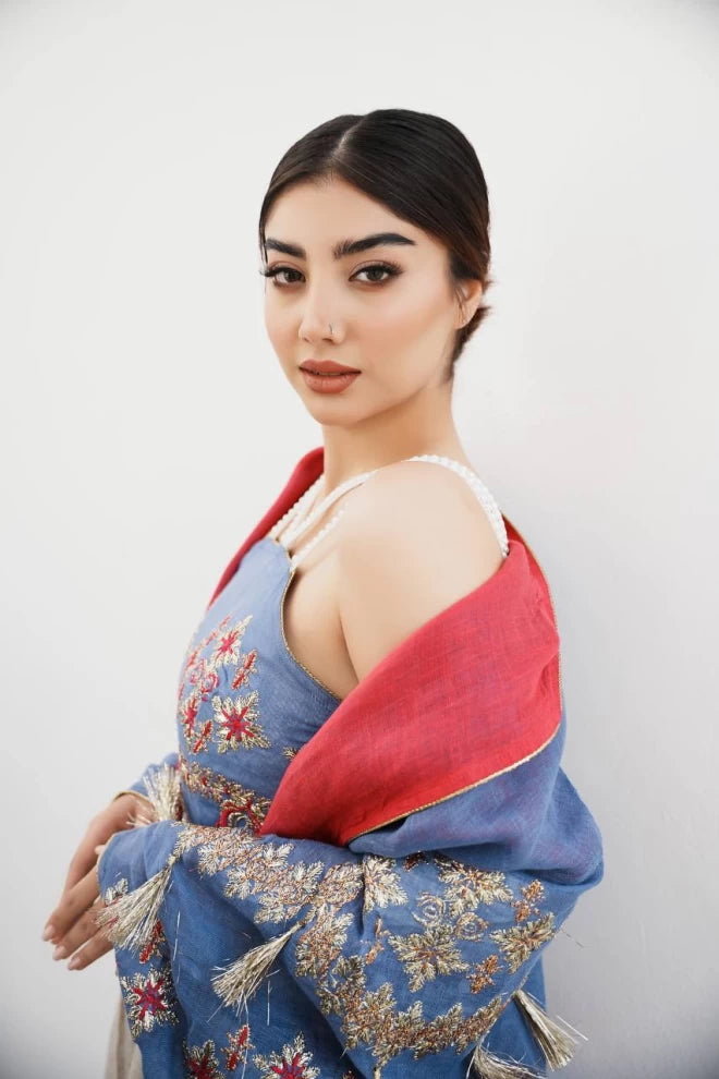 Bisht with a blue burlap dress with embroidery IB273 Blue