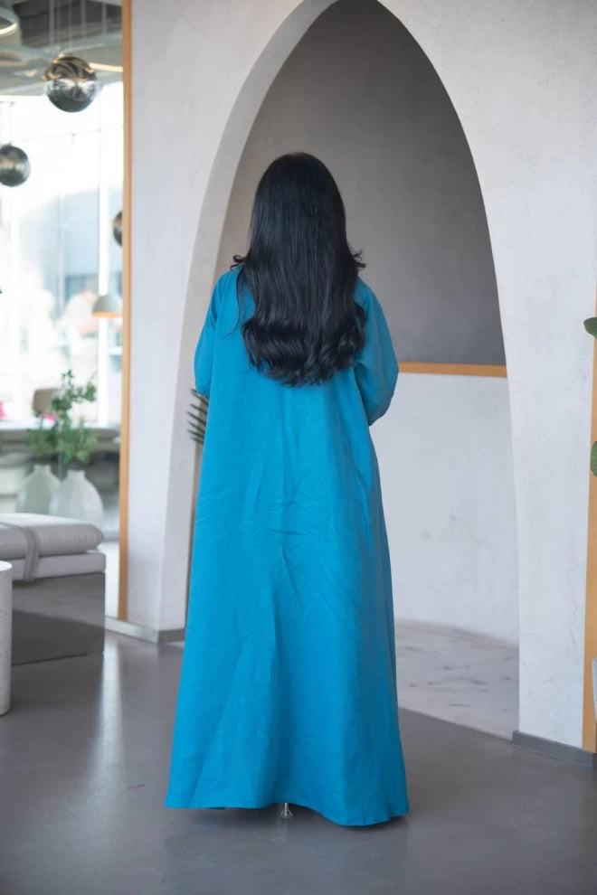 Blue blazer abaya made of linen with crepe on the front C:IB323 Blue