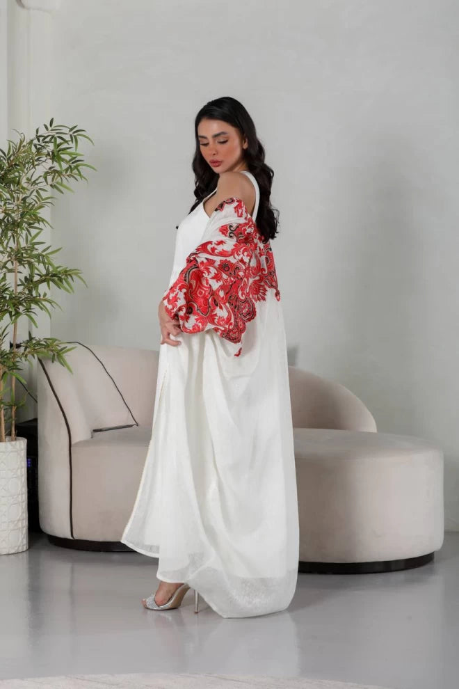 عبايه لينن بلون الابيض مطرز IB143 white
