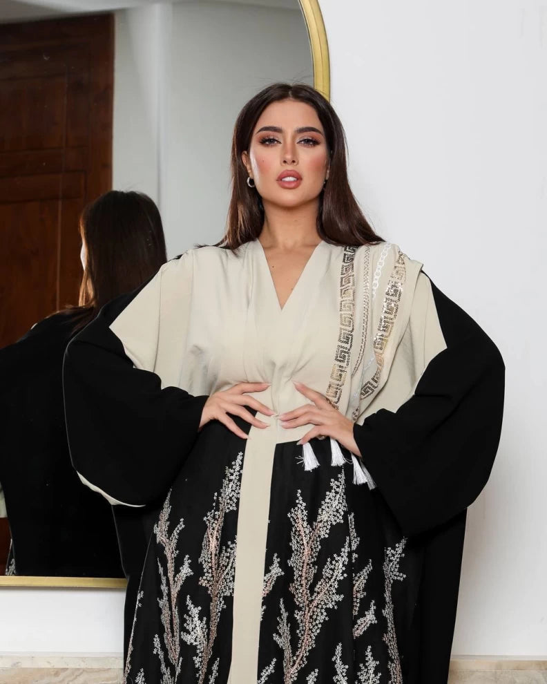 Black and beige crepe abaya with embroidery IB190 (Free size)