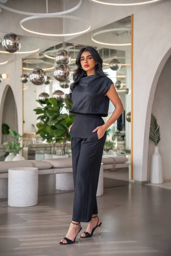 Linen blouse and crepe pants set, black C:IB1001 (S)