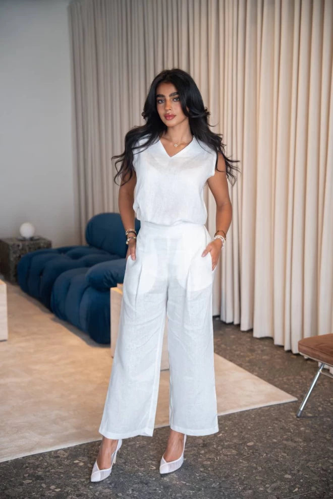 طقم بلوزة وبنطلون باللون الأبيض، مصنوع من الكتان الطبيعي C:IB1095 أبيض 