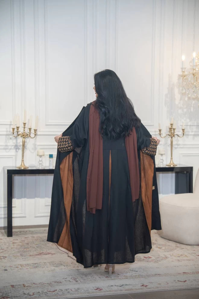 Black linen abaya with camel embroidery and details C:IB319 (Free size)
