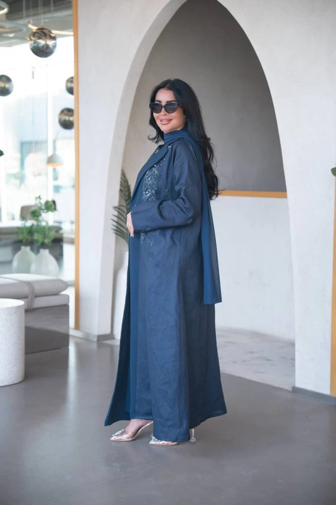Navy blue linen blazer abaya with crepe and hand embroidery C:IB323 Navy