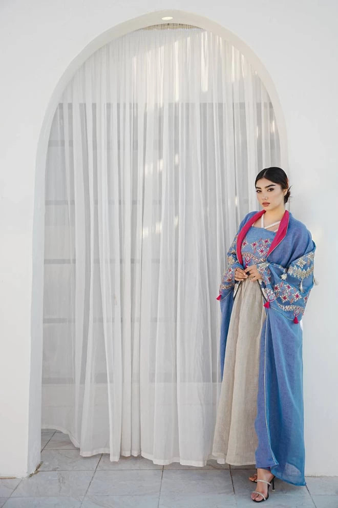 Bisht with a blue burlap dress with embroidery IB273 Blue
