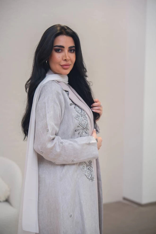 Beige linen and crepe blazer abaya with hand embroidery C:IB323 Beige