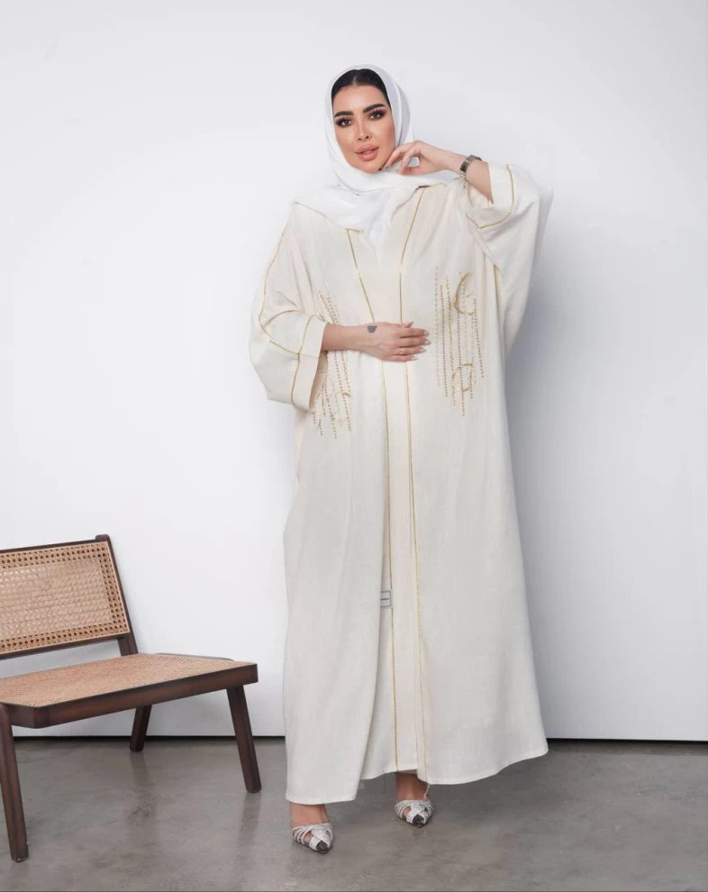 عبايه لينن بلون الابيض مع شك يدوي IB153 white