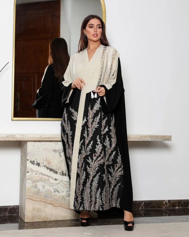 Black and beige crepe abaya with embroidery IB190 (Free size)