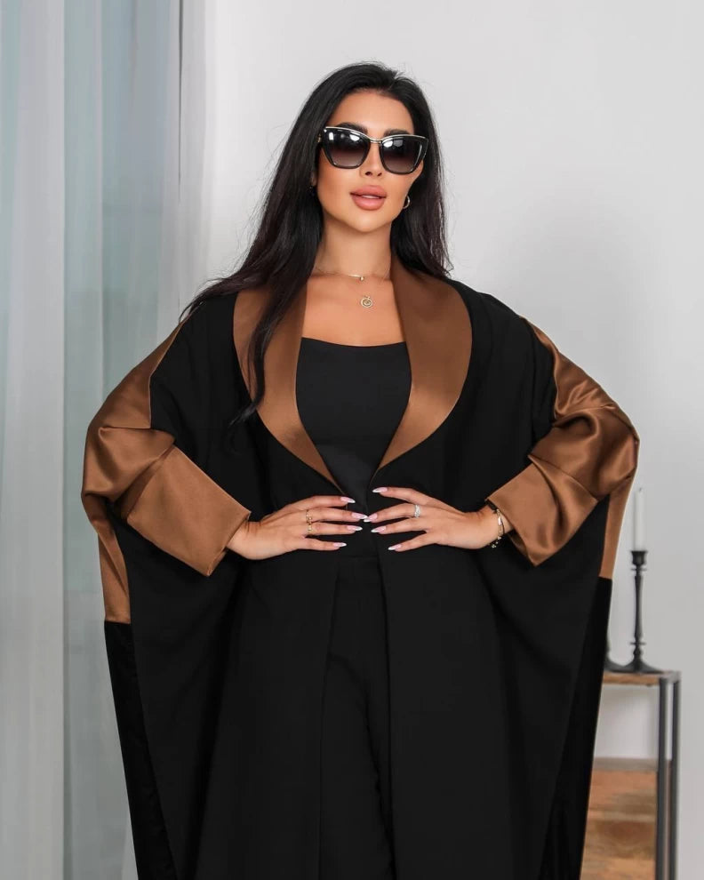 Crepe Abaya with embroidered velvet with brown silk crepe IB254 (Free size)