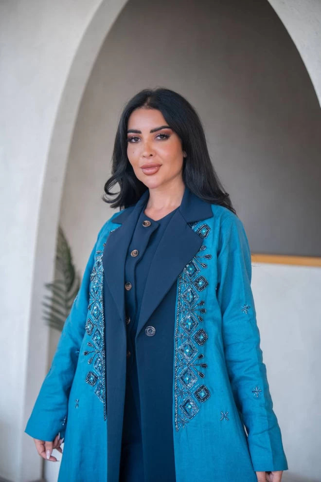 Blue blazer abaya made of linen with crepe on the front C:IB323 Blue