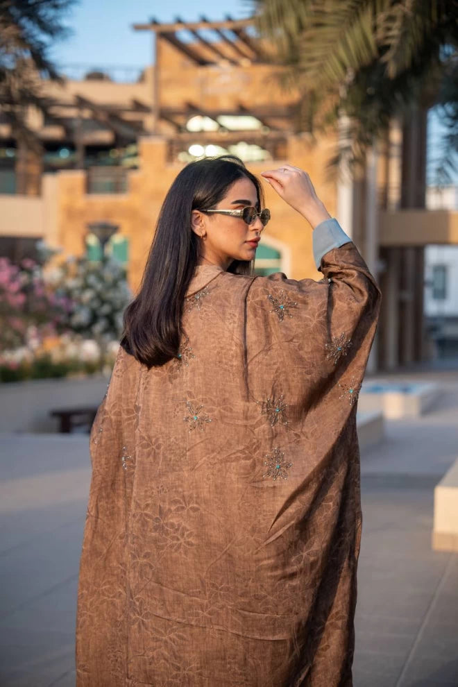 Brown crepe jacquard abaya C:IB312 (Free size)