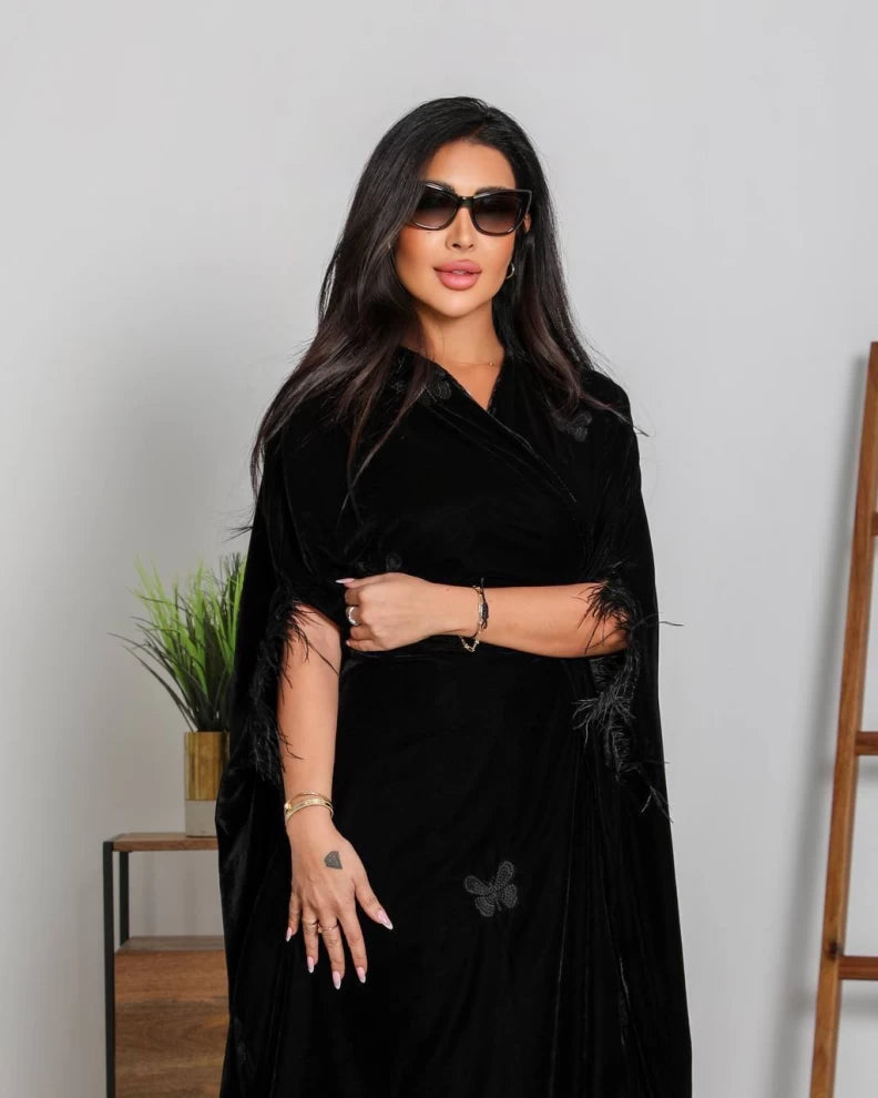 Abaya with butterfly embroidery velvet bisht IB247 Black (Free size)