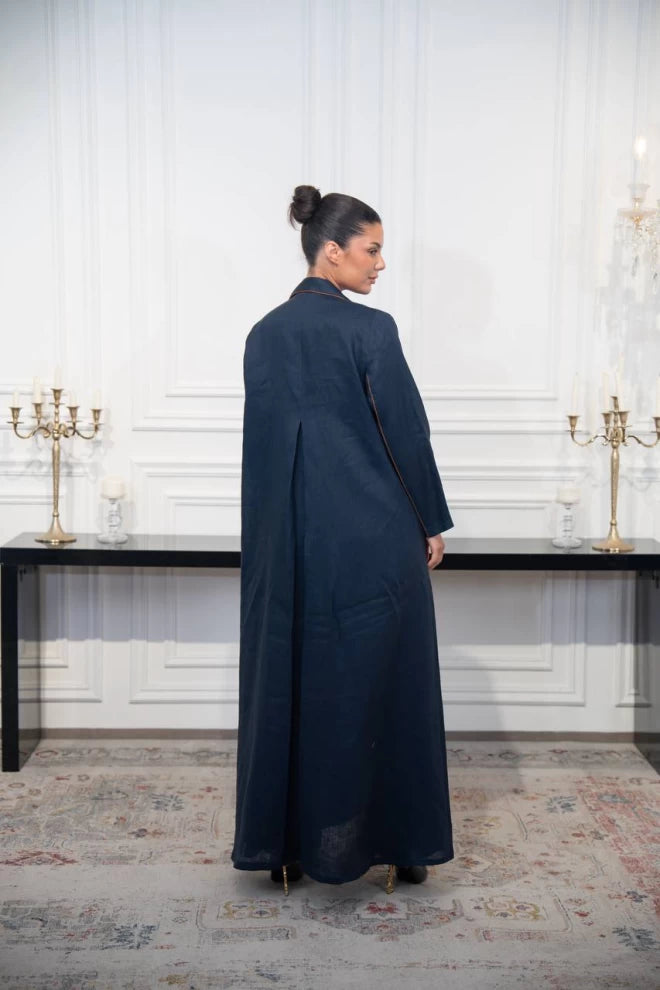 عباية بليزر كتان كحلي مع تطريز C:IB329 كحلي 