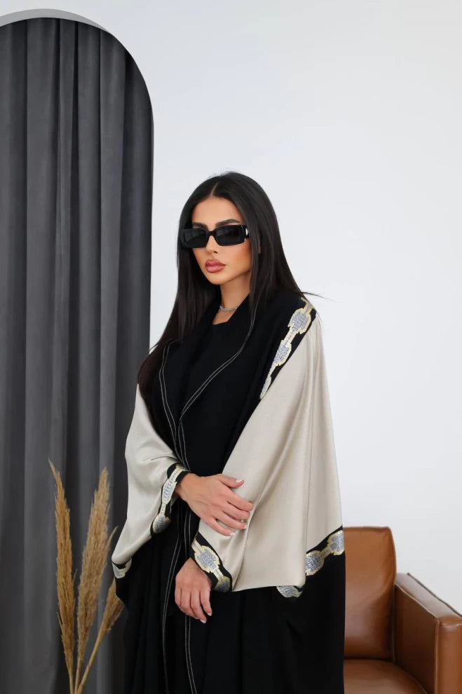 Cuba Crepe Abaya with Silk Crepe in Black and Beige IB158 Black (Free size)