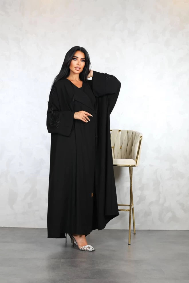 عباية كريب سوداء مقاس حر IB178 أسود (مقاس حر) 