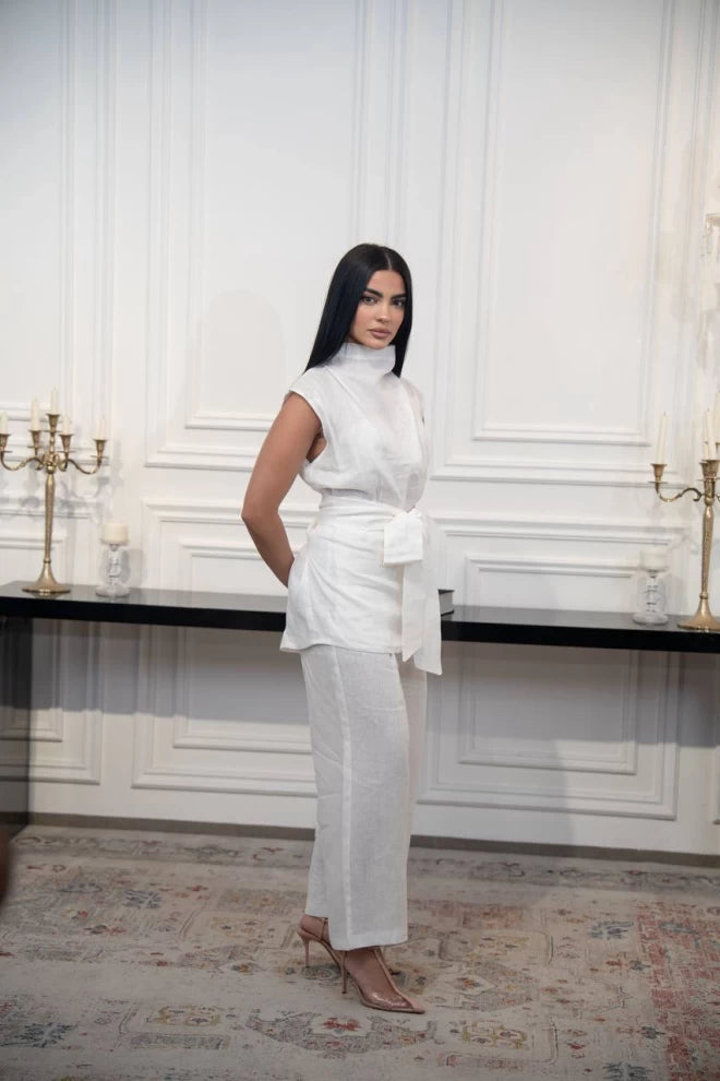 طقم كتان أبيض مكون من بلوزة وبنطلون C:IB1094 أبيض