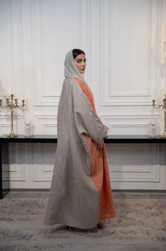 عباية كتان مخططة باللونين البرتقالي والبيج C:IB325 برتقالي (مقاس واحد) 